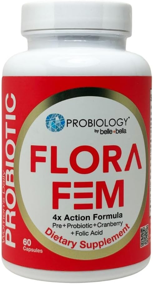 Belle+Bella Probiology Flora Fem - Probióticos diarios para mujeres - 4X Acción Prebiótico + Probiótico + Acido fólico para Digestivo, Tracto urinario, Salud Reproductiva y Vaginal - 60 Caps