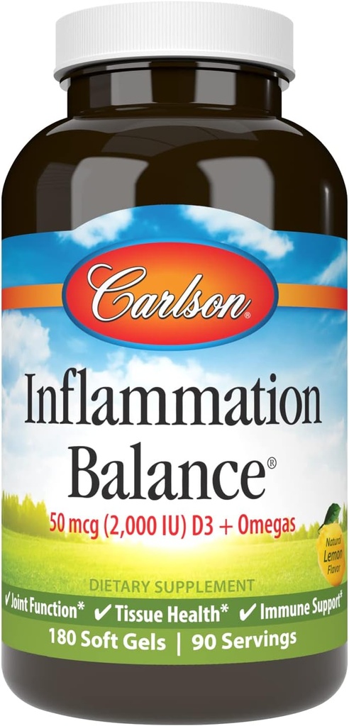 Carlson - Inflammation Balance, Balanced Omega-3 &amp; Omega-6 Ratio, con D3, Norwegian, Wild-Caught Fish Oil Suplemento con ácidos grasos, Sosteniblemente Fuented Fish Oil Capsules, 180 Softgels