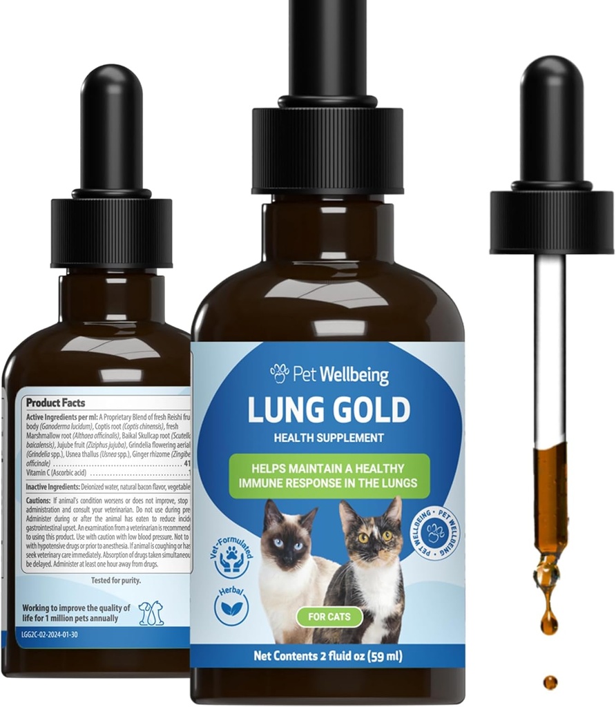 Pet Wellbeing Lung Gold for Cats - Lung Immune Support, Lower Respiratory Health, Open Airways, Normal Respiración, Reishi, Coptis - Veterinaria-Formulated Herbal Suplemento - 2 oz (59 ml)