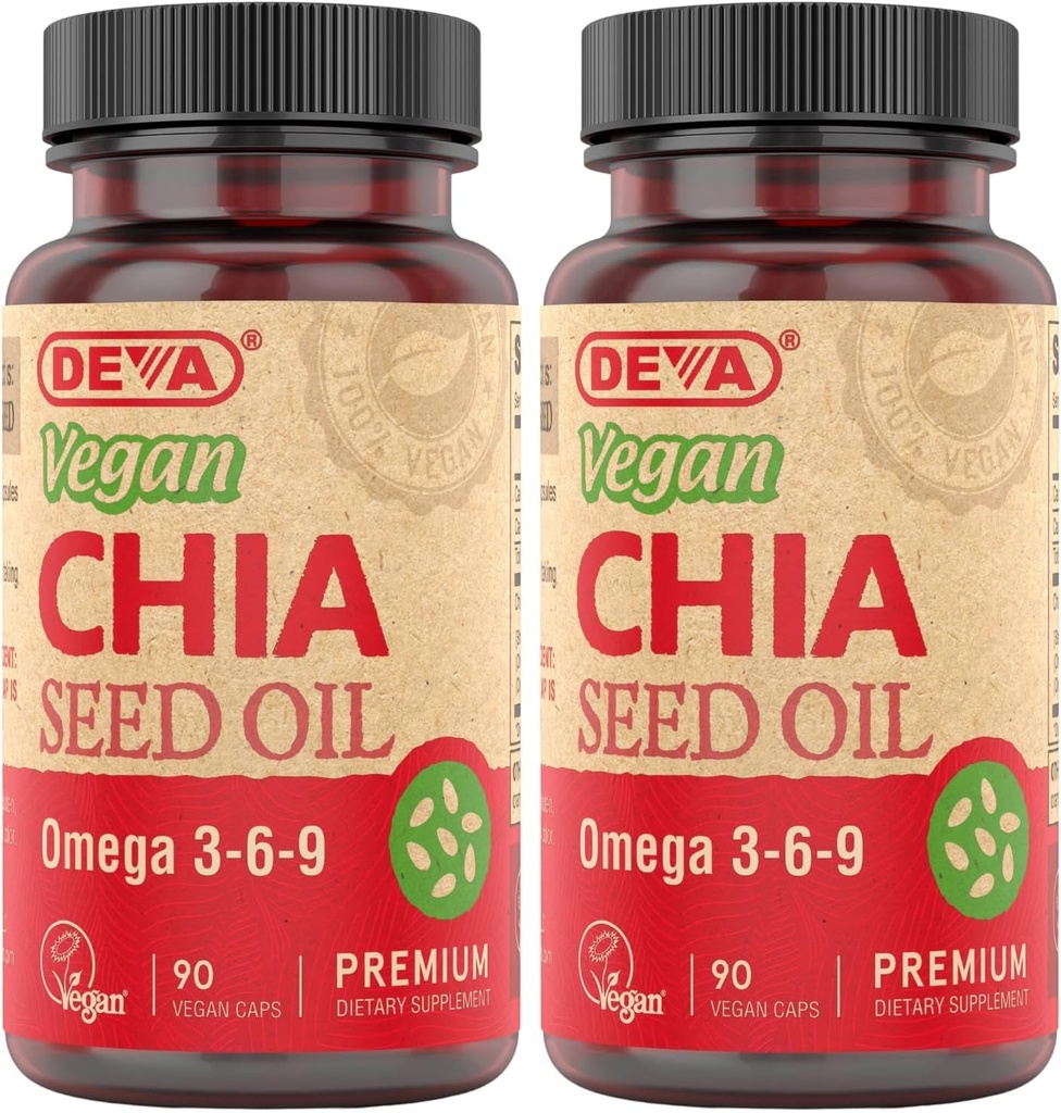 DEVA Vitaminas Veganas Aceite de semilla de Chia, Empaquetado con Omega 3, 6, 9 &amp; Otros ácidos grasos esenciales, frío predestinado " sin refinar, 90 cápsulas, (Pack de 2)