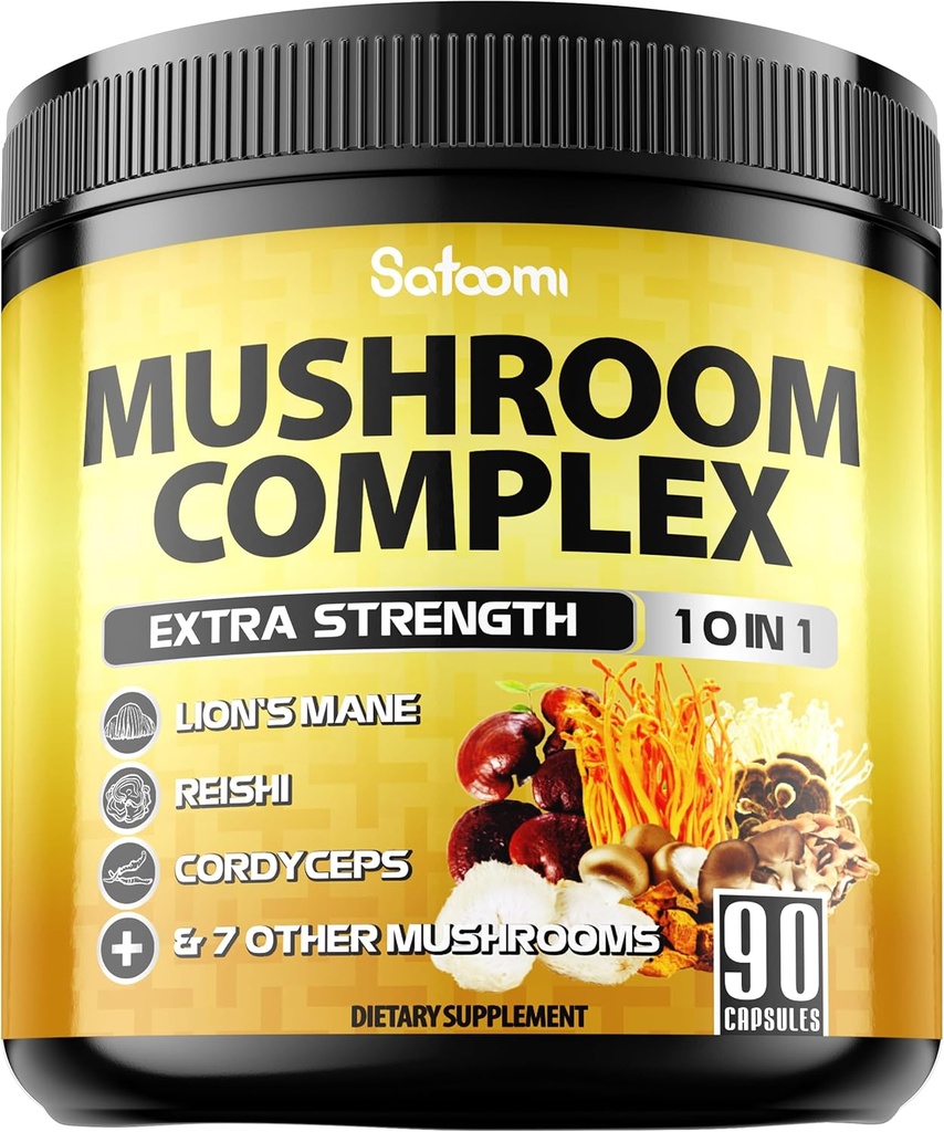 Satoomi 10in1 Mushroom Supplement Complex - Lions Mane, Cordyceps, Reishi, Chaga y 6 Más - Brain Supplements for Memory & Focus - 90 Count - 3 Months Supply