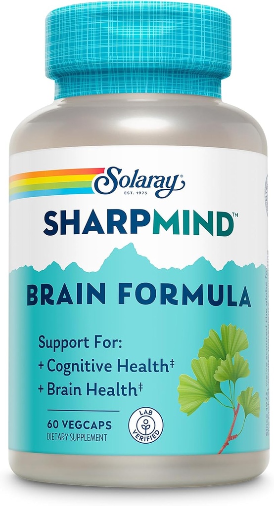 SOLARAY SharpMind Brain Support Fórmula - Suplementos cerebrales nootrópicos - Cognitive and Brain Health Support with Ginkgo Biloba - 60-Day Guarantee, 60 Servings, 60 VegCaps