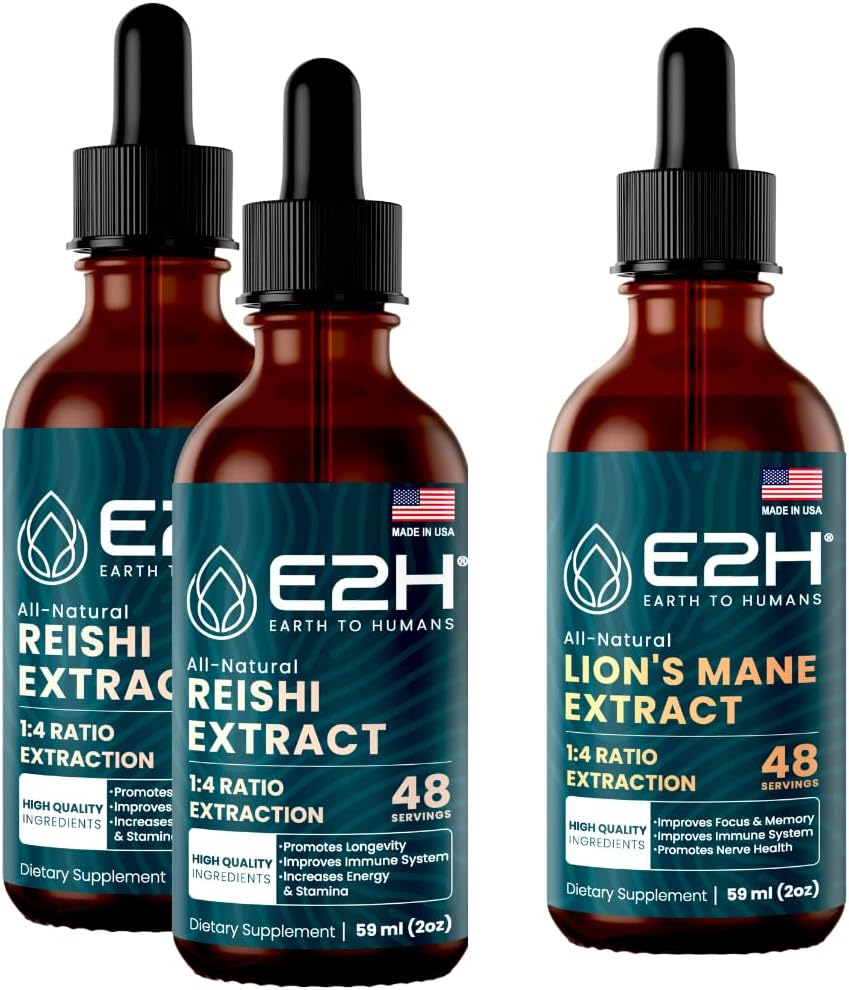 E2H: Reishi (2 Pack) " Lion's Mane Extracts - Energy, Longevity, Cognitive Sharpness, Immunity - Non-GMO, Vegan - 2 Fl Oz Cada (6 Fl Oz Total) - Bundle