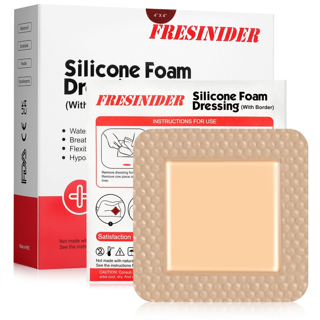 FRESINIDER Silicone Foam Dressing with Adhesive Border – Wound Dressing Bandage – Silicone Foam Pad – Pack de 10 – 4 x 4 pulgadas Grandes Bandages resistentes al agua – Self Adhesive Wound Care and Dressings