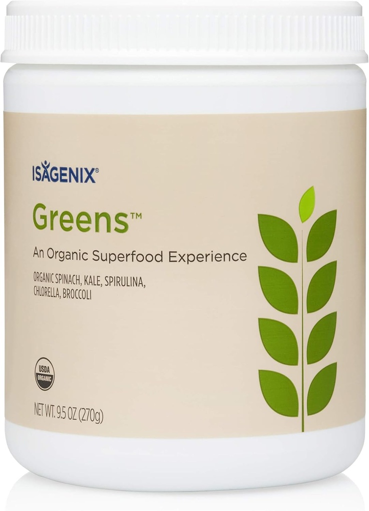 Isagenix Greens orgánicos, Superfood Drink Mix of Phytonutrient Drink Mix with Organic Spinach, Kale, Spirulina, Chlorella, Broccoli, and More to Support Diet - 270 Grams (30 Servings)