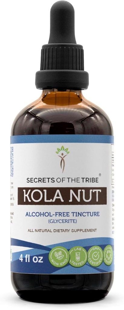 Secretos de la Tribe Kola Nut Tincture Extracto libre de alcohol, nuez Kola (Cola Acuminate) Nuez seca (4 FL OZ)