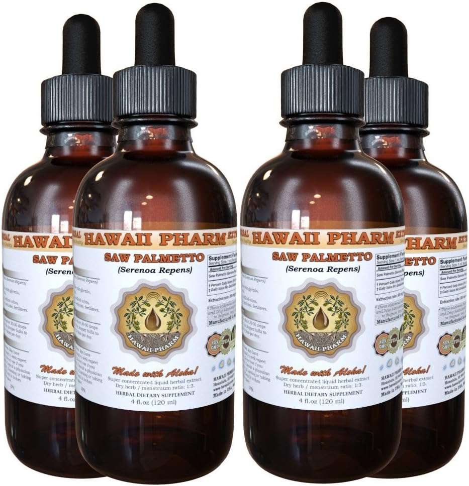 Saw Palmetto Liquid Extract, Organic Saw Palmetto (Serenoa Repens) Tintura, Herbal Suplemento, Hawaii Pharm, Made in USA, 4x4 fl.oz