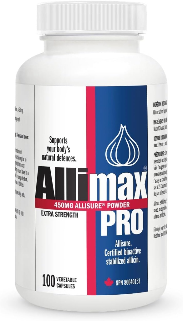 Allimax Pro 450mg 100 Vegicaps. Allicin Garlic Supplement to Support Your Body’s Immune Function. With Stabilized Allicin Extracted from Clean & Sustainable Spanish Grown Garlic. Professional Strength