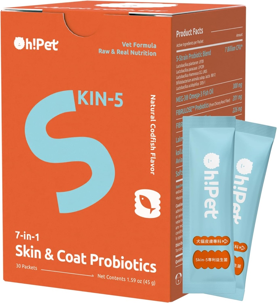 ¡Oh! Pet® Skin " Coat Probiotics – 7B CFU Powder for Dogs & Cats with Omega-3 " Eggshell Membrane (30 Packets)