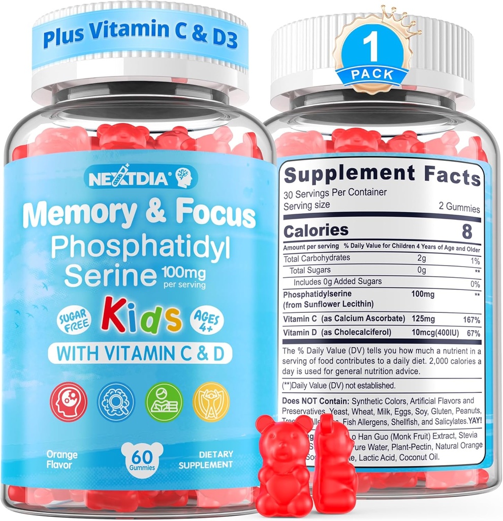 Phosphatidylserine Suplemento 100mg, Focus Gummies for Kids Teens + Vitamina C & D3 400IU, Sugar Free Kids Brain Gummies Aumentar la atención " Concentration, Chewable, Vegan, Gluten Free, Non-GMO 60Cts