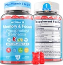 Phosphatidylserine Suplemento 100mg, Focus Gummies for Kids Teens + Vitamina C & D3 400IU, Sugar Free Kids Brain Gummies Aumentar la atención " Concentration, Chewable, Vegan, Gluten Free, Non-GMO 60Cts