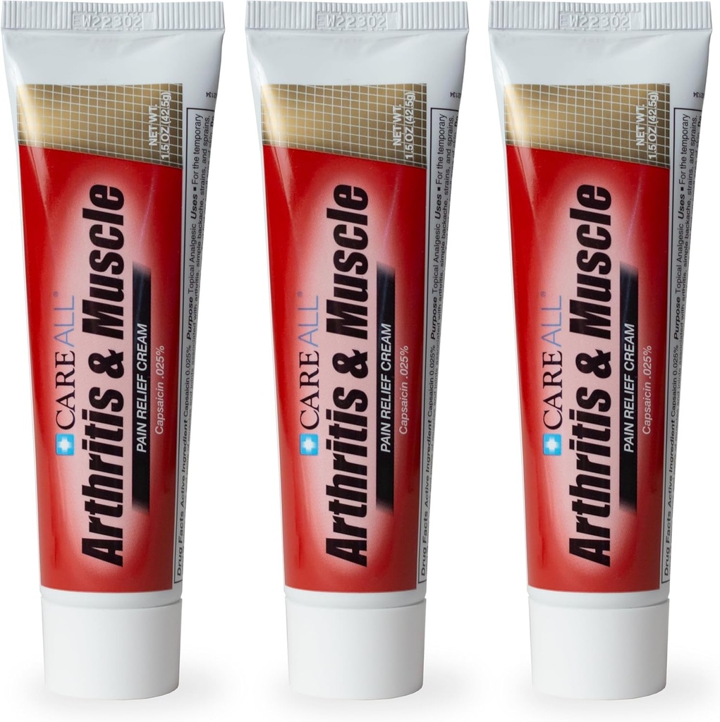 CareAll Capsaicin Artritis, musculo y crema mixta 1.5 oz. (3 Pack), Alivio de dolores menores y dolores de dolor de espalda, esguinces, estrías, artritis. Fragancia Libre