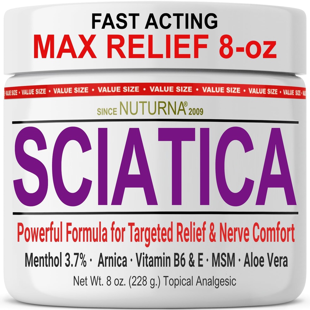 Sciatica Nerve Cream - Maximum Strength Comfort Cream for Feet, Hands, Legs, Toes, Back - Natural Ultra Strength Arnica, MSM, Menthol, Soothing Comfort, Large 8 Oz