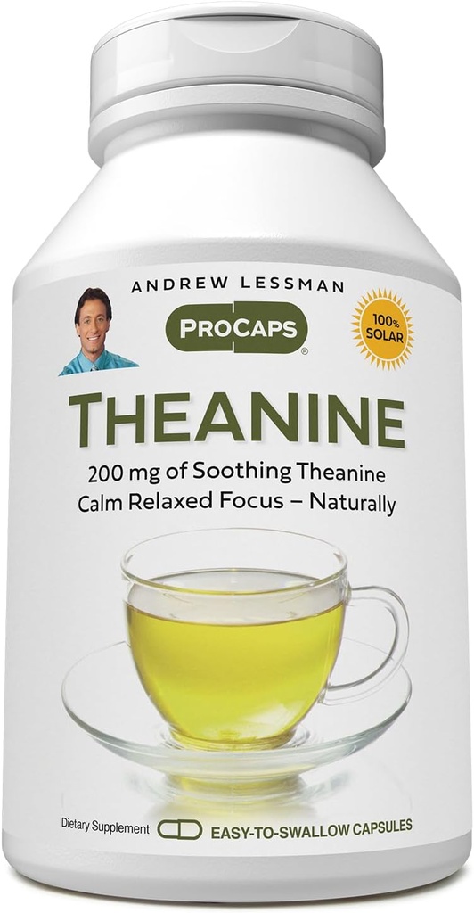 ANDREW LESSMAN Theanine 200 mg - 60 cápsulas - promueve la producción de los neurotransmisores Dopamina y Serotonina. Calma natural, enfoque relajado sin somnolencia. Cápsulas fáciles de cambiar.
