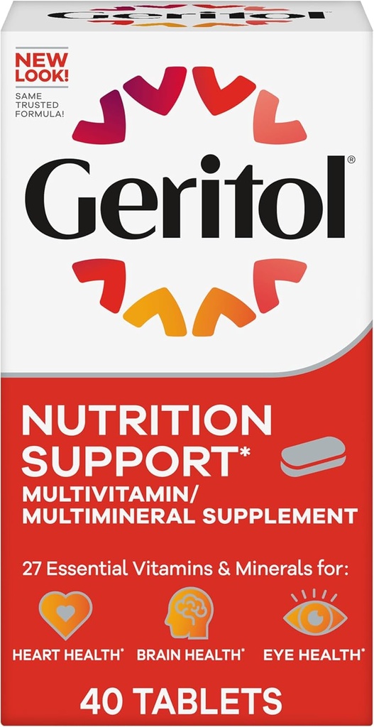 Geritol, Suplemento Multivitamínico, Contiene B-Vitaminas, Antioxidantes, Vitaminas C, E &amp; D e Hierro, 26 Vitaminas y Minerales Esenciales, Libre de gluten, No OGM, No Dulces Artificiales, 40 Tabletas