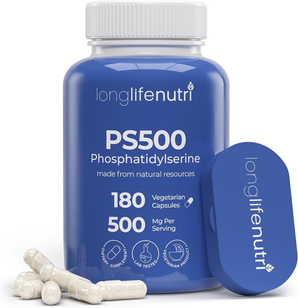 Phosphatidylserine Pure 500mg – 180 píldoras vegetarianas, 3 meses de suministro, suplemento para el fortalecimiento de la memoria, enfoque " función cognitiva, hecho en EE.UU., laboratorio probado, soy libre, no GMO