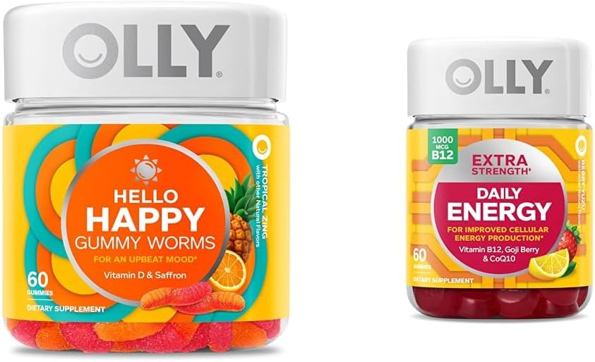 OLLY Hello Happy Gummy Worms, Mood Balance Support, Vitamina D, Saffron, Adult Chewable Suplemento &amp; Extra Strength Daily Energy Gummy, Caffeine Gratis, 1000mcg Vitamin B12, CoQ10, Goji Berry