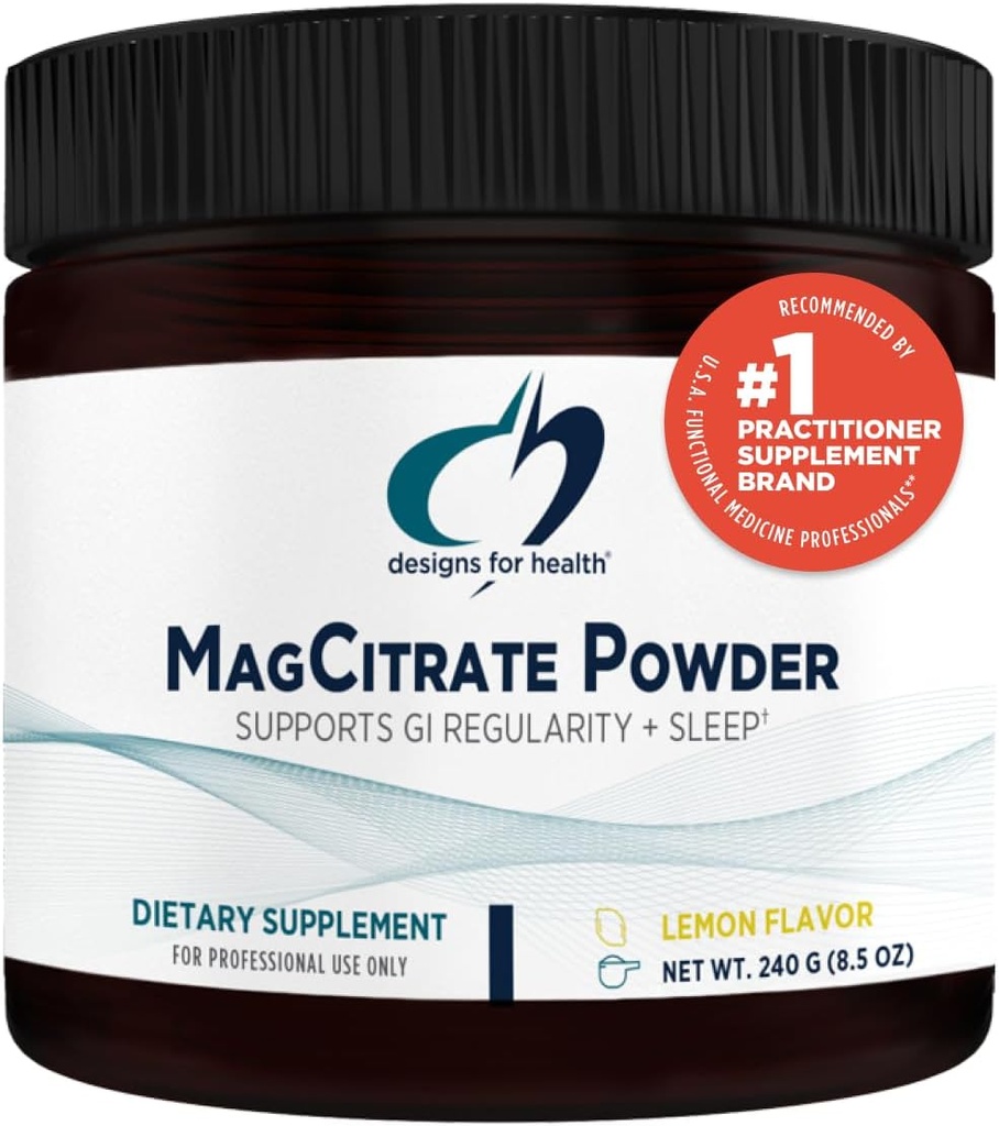 Diseños para la salud MagCitrate Powder - 300mg Powdered Magnesium Citrate to Support Calm + Regularity - Non-GMO, Gluten Free Delicious Drink Mix Add-in, Lemon Flavor (60 Servings / 240g)