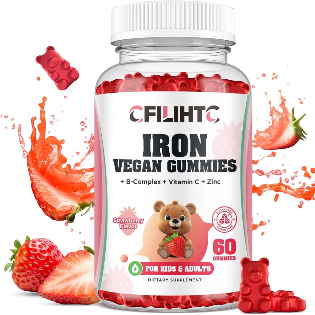 Mangas de hierro para niños, mujeres y hombres, suplemento de hierro con multivitamina - Complejo de vitamina B, C, B6, B12, Folate, zinc para la anemia, deficiencia de hierro, constructor de sangre, energía - sabor a fresa, Vegan 60ct