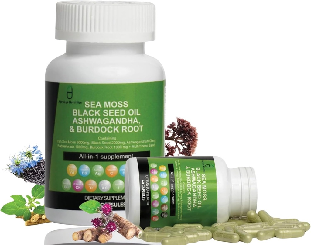 Sea Moss Capsules - 60 Capsules Seamoss Black Seed Oil Ashwagandha Burdock Root Supplement, Irish Sea Moss Supplement with Vitamin C D3 Manuka & Dandelion, Multi Minerals Supplement