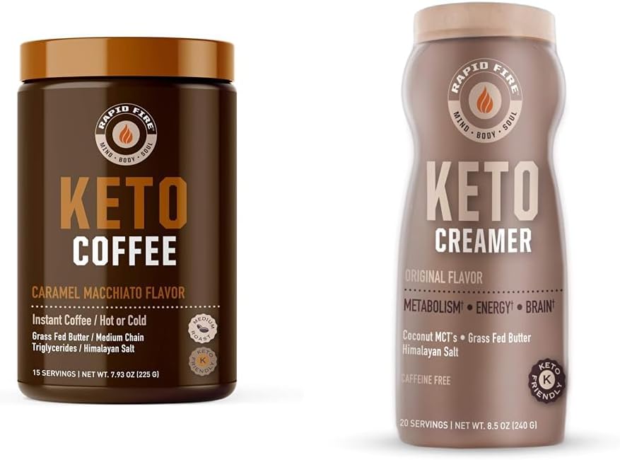 Rapid Fire Ketogenic Coffee Mix Caramel Macchiato con crema MCT, soporta metabolismo, pérdida de peso, dieta Keto, 7,93 y 8,5 onzas