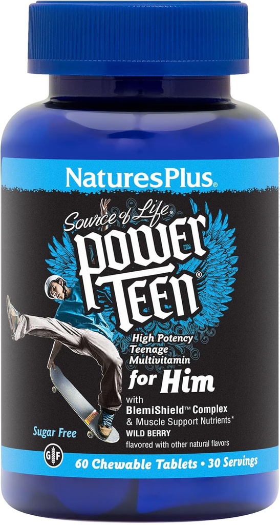 NaturesPlus Fuente de Vida Power Teen for him, Wild Berry - 60 Chewable Tablets, Pack of 2 - High Potency Teenage Multivitamin - Gluten Free, Sugar Free - 60 Total Servings