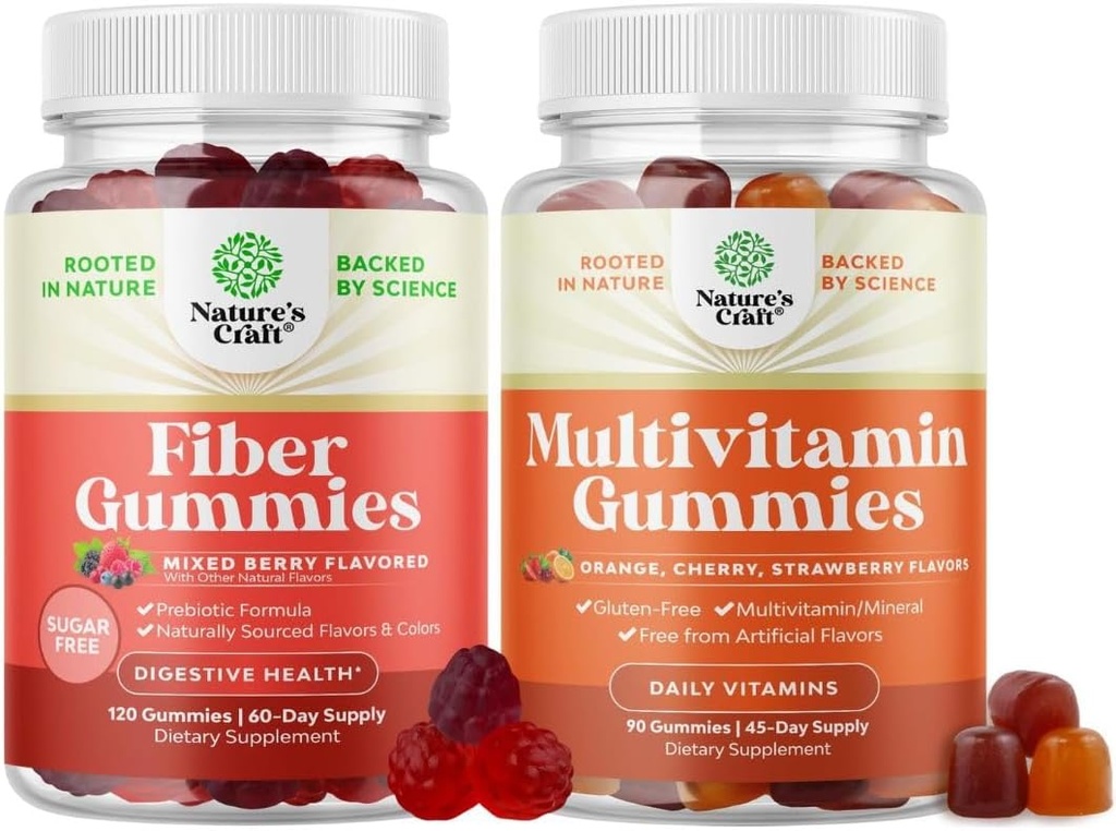 Bundle of Fiber Gummies for Adults - Chicory Root Supplement with Prebiotic for Gut & Digestive - Sugar Free & Vegan and Multivitamin Gummies for Adults - Halal Multivitamin Gummy with B12 Biotin