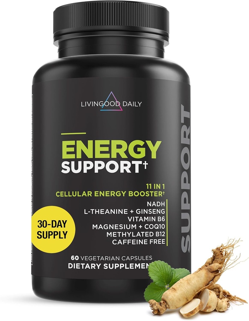 Livingood Daily Energy Support, 11-in-1 Suplemento con Magnesium, Vitamina B6, B12, Amino Acids, L Carnitine, CoQ10, Ginseng &amp; L Theanine, Supports Natural Energy for Men &amp; Women, Vegan, 60 cápsulas