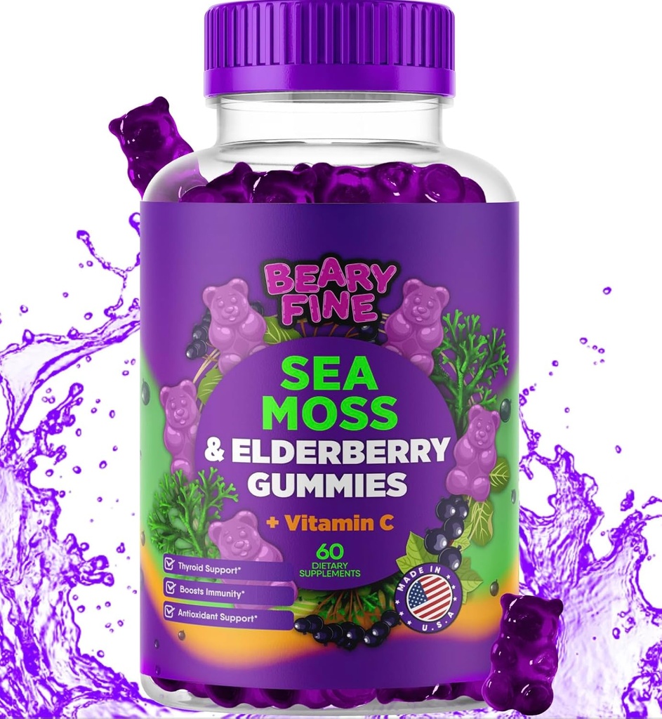 Sea Moss Gummies & Elderberry - Vitamina C + Zinc – Extra Strength Immune " Thyroid Support Booster Gummy Bears for Kids " Adults - 60 Seamoss Gummies - Made in The USA