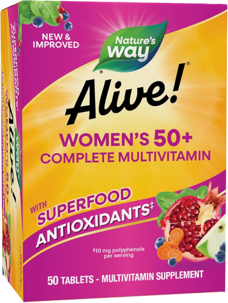 ¡La naturaleza está viva! Multivitaminas completas de las mujeres 50+, soporta Corazón saludable, Cerebro, Huesos*, Antioxidantes superalimentarios(1), B-Vitamins, Gluten Gratis, 50 Tabletas (Packaging May Vary)