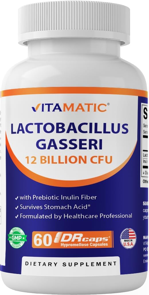 Vitamatic Lactobacillus Gasseri - 12 billón por cápsula DR - 60 cuenta - Apoyo Digestivo - Hecho con fibra prebiótica