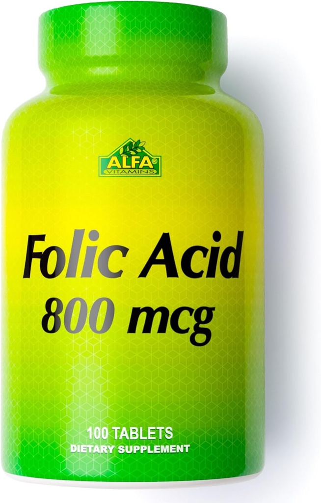ALFA VITAMINS Folic Acid 800 mcg Suplemento prenatal, soporta funciones cardiovasculares de salud, cuerpo y cerebro, formación de células rojas de sangre y desarrollo fetal saludable, suplemento dietético, 100 tabletas