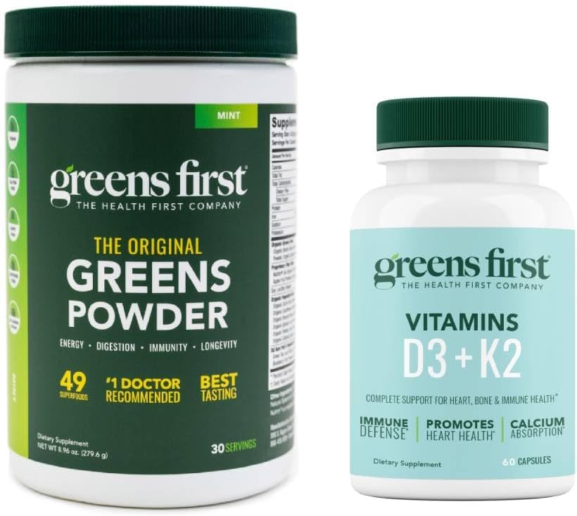 Greens First - Mint - 30 Servings - Greens Powder Superfood, 49 Superfoods, 15+ Frutas orgánicas & vegetales, Dairy Free, Vegan " Non-GMO - 9.86 oz y D3+K2 Vitaminas, 60 cápsulas vegetales