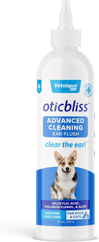 Vetnique Oticbliss Cat &amp; Dog Ear Cleaners: Medicated Dog Ear Drops for Infection, Antiseptic Flush, &amp; Wipes to Reduce Itchy Ears & Head Shaking - Vet Recommended for Itchy Ears (8oz, Flush)