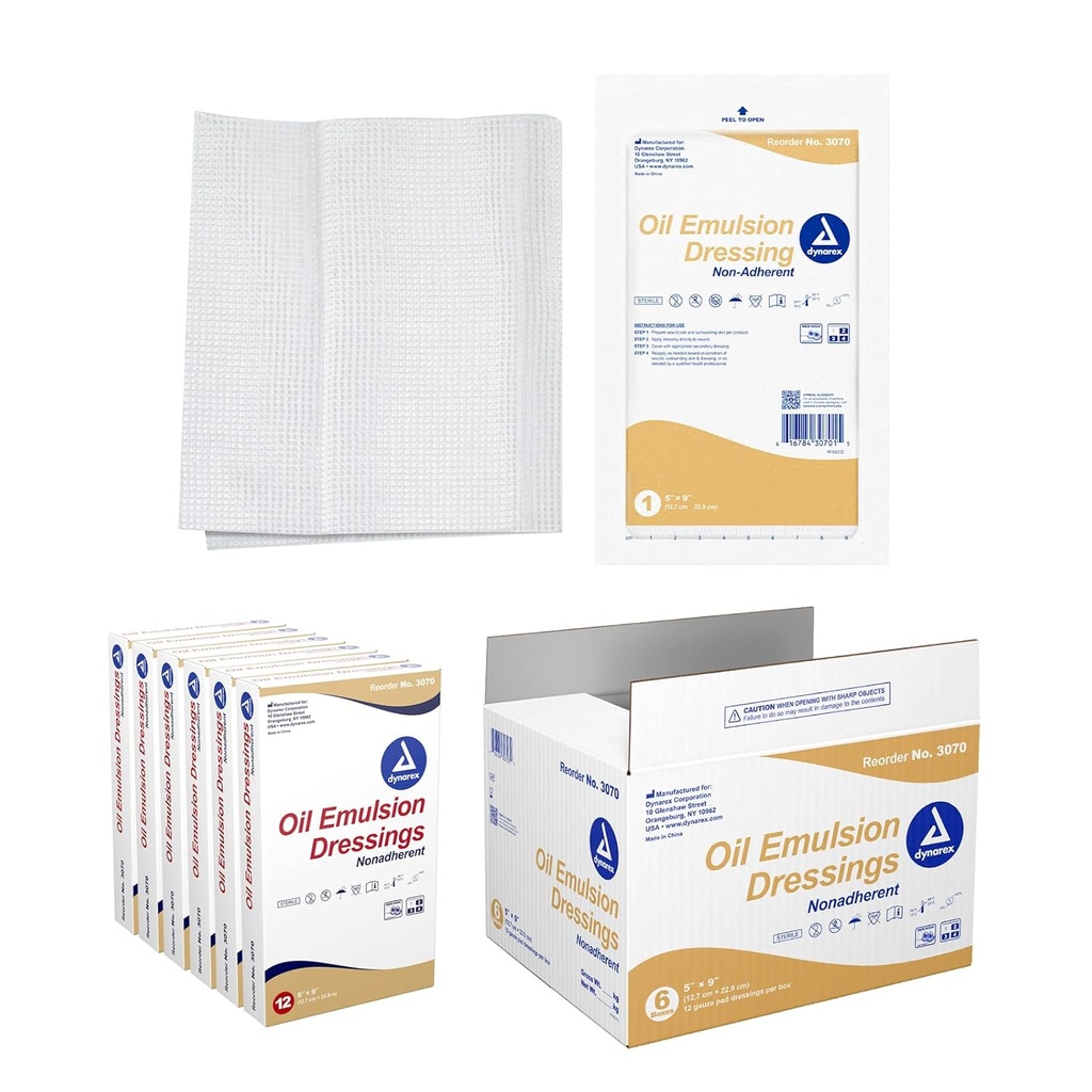 Vestidos de emulsión de aceite de Dynarex, Cuidado de la herida, Absorbent, 5” x 9” Vestimiento de gaceo de rodillas estéril con emulsión de aceite de Petrolatum y girasol, 6 cajas de 12 Vestidos de emulsión de aceite