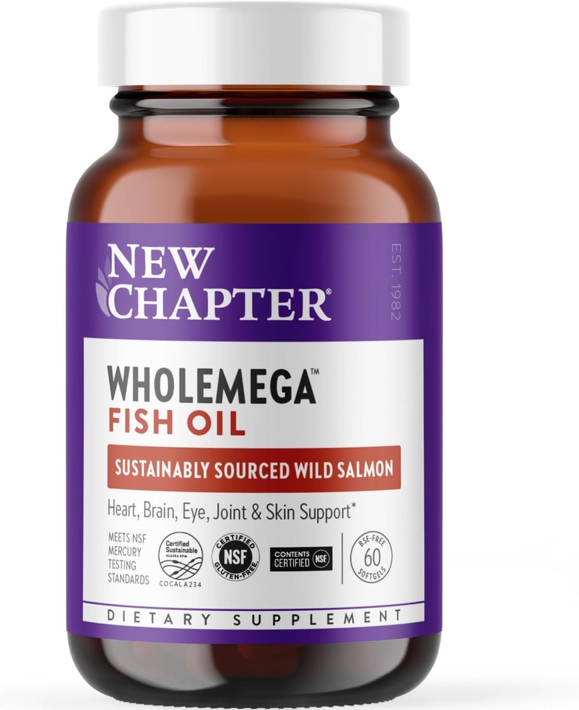 New Chapter Wholemega Fish Oil Supplement - 2000mg per Serving, Clinically Proven Wild Alaskan Salmon Oil with Omega-3 + Vitamin D3 + Astaxanthin, 60 Softgels