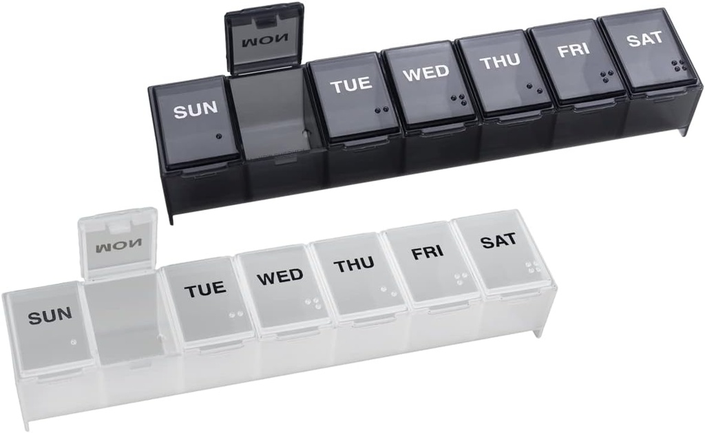 EZY DOSE Semanal (7-Día) Organizador diario de píldoras, Planificador de vitaminas y Contenedor de medicina, grandes compartimientos, fácil de abrir, viaje amigable, incluye un negro y un blanco (2 Pack), hecho en los EE.UU.