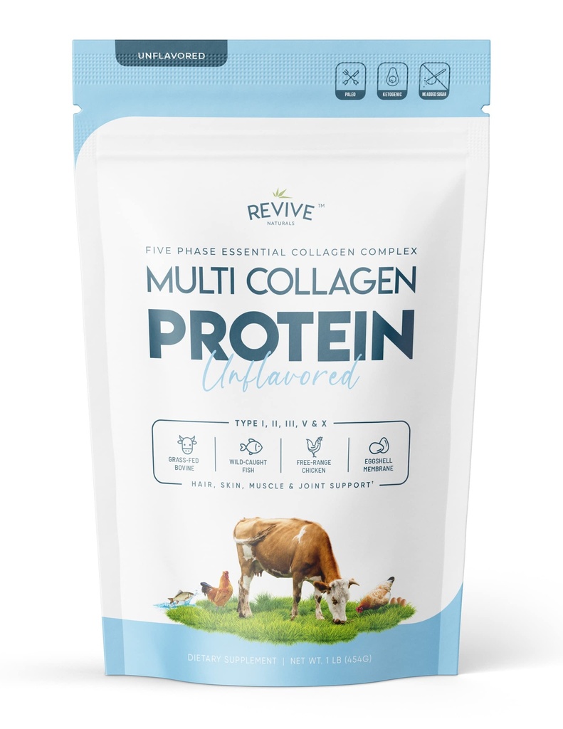 Multi Collagen Hydrolyzed Protein Powder (16oz) - Tipos I, II, III, V & X - Grass Fed Bovine (Peptan®), Wild Caught Marine, Free Roaming Chicken & Eggshell Collagen Peptides, Non-GMO, GF.