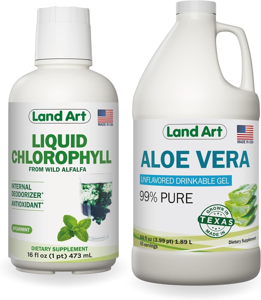 Land Art Pure Aloe Vera Gel Bebible Desflavorado 64 fl oz + Liquid Chlorophyll Mint Flavored 16 fl oz