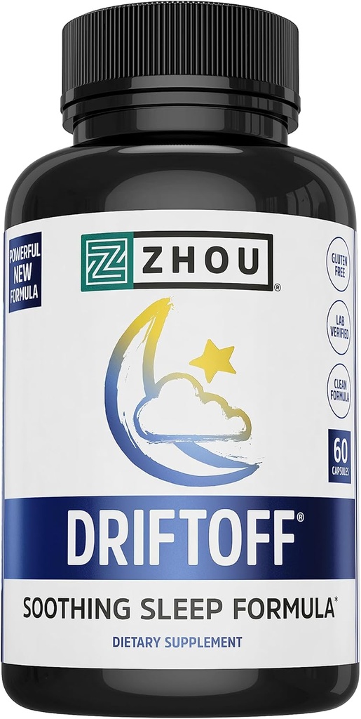 Zhou Driftoff - La Naturaleza Inspirada Ayuda al sueño, Valerian Root &amp; Melatonina para el sueño para hombres &amp; mujeres, Calm Sleeping Suplemento para adultos con Gaba & Chamomile para relajarse - 60 Veggie Capsules