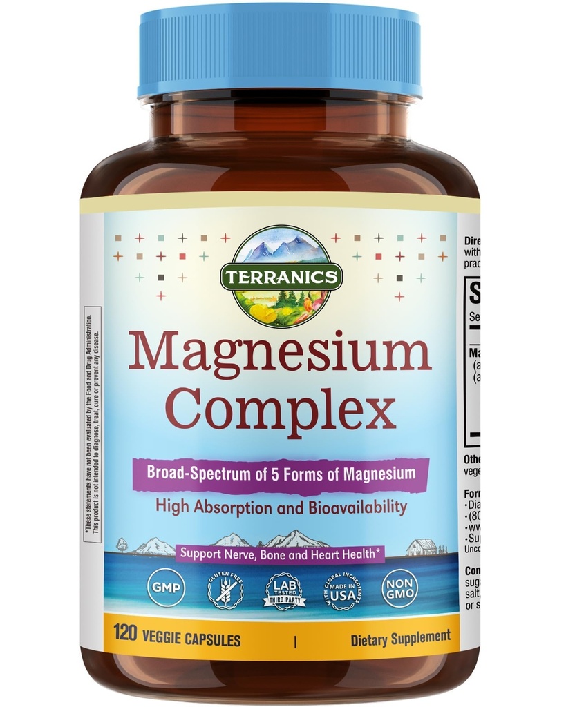 Terranics 5-in-1 Magnesium Complex Suplemento 500mg - 5 Formas Alta Absorción Magnesium Glycinate Citrate Malate Aspartate Gluconate for Sleep Heart Health - Non-GMO 120 Vegan Capsules