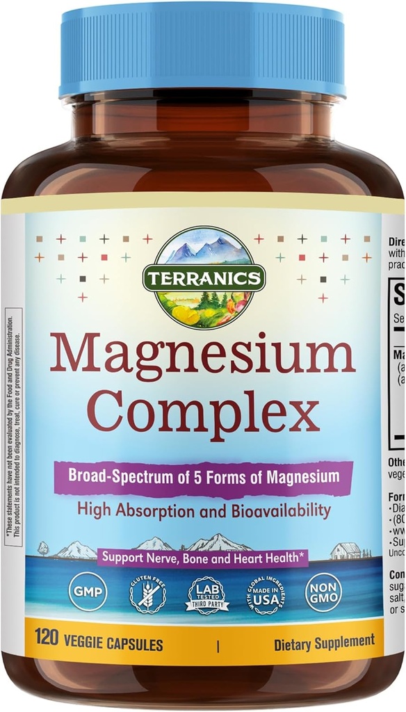 Terranics 5-in-1 Magnesium Complex Supplement 500mg - 5 Forms High Absorption Magnesium Glycinate Citrate Malate Aspartate Gluconate for Sleep Heart Health - Non-GMO 120 Vegan Capsules