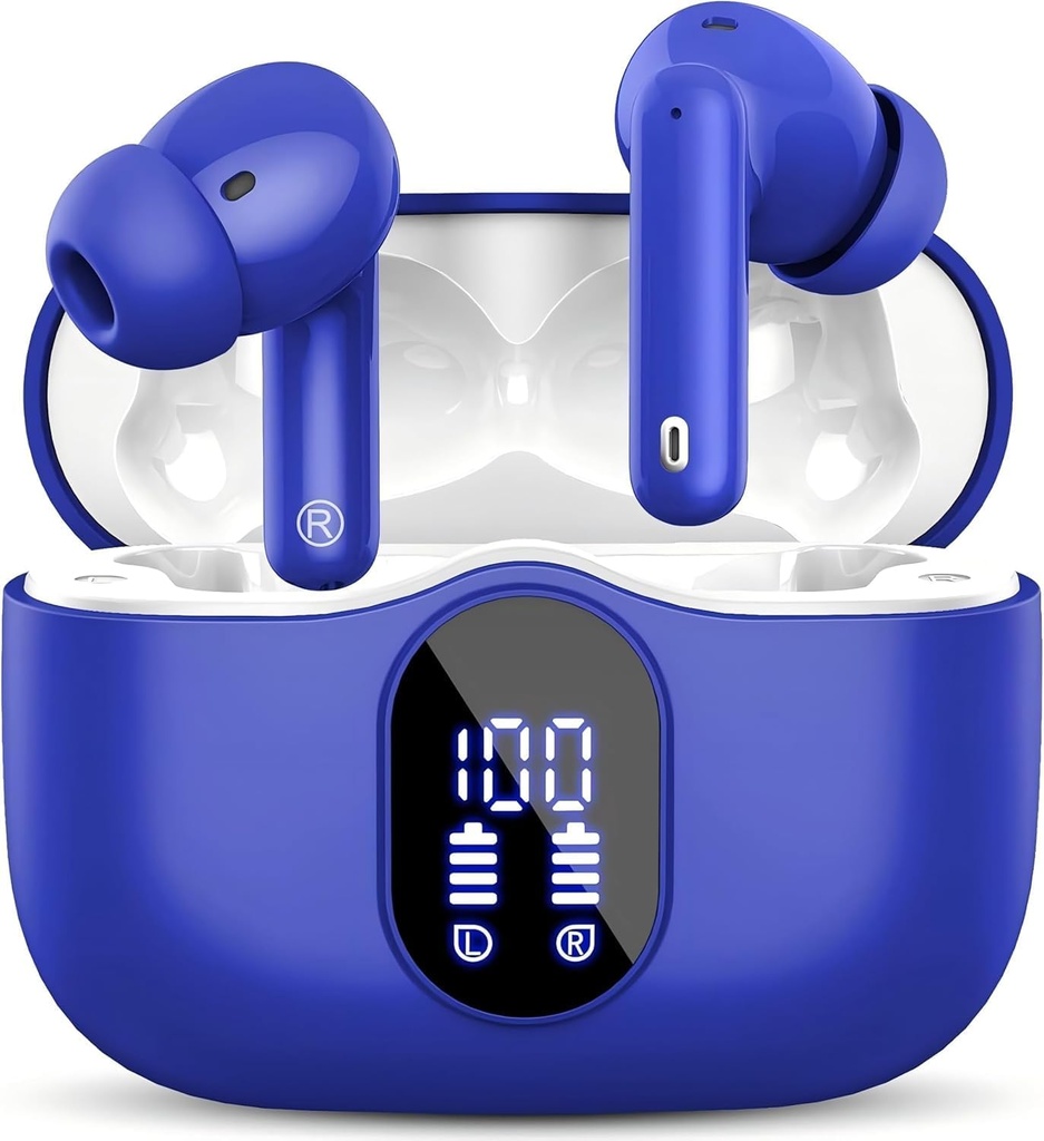 Auriculares inalámbricos Bluetooth 5.3 Auriculares Bass Stereo Ear Buds with Noise Cancelling Mic LED Display in Earphones IP7 impermeable 36H Tiempo de reproducción para los teléfonos portátiles Ejercicio deportivo Blue