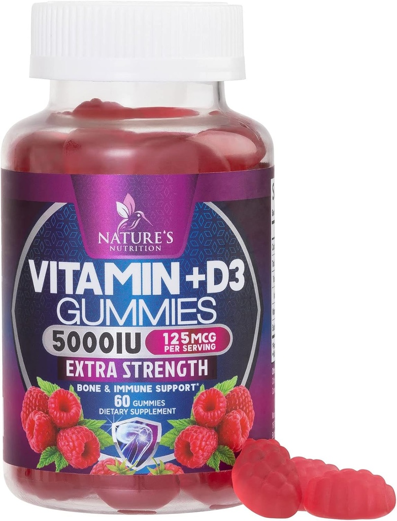 Vitamina D3 Suplemento Gummy 5000 UI (125 mcg) Vitaminas dietéticas D para hombres &amp; mujeres - Hueso, dientes, musculoso y apoyo a la salud inmunitaria, alta potencia VIT D3 La naturaleza no GMO &amp; Gluten Gratis - 60 Gummies