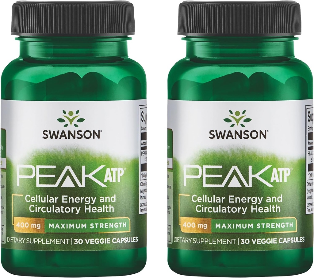 Swanson Maximum Strength Peak ATP-Natural Supplement Promoting Cellular Energy Support-Supports Physical Performance and Promotes Healthy Blood Flow Support-(30 Veggie Capsules, 400mg Cada) 2 Pack