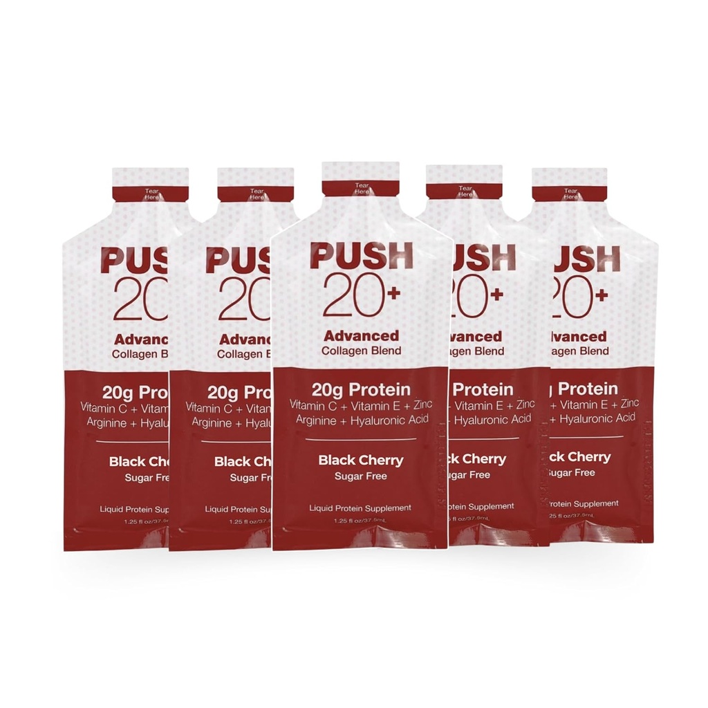 PUSH20+ Advanced Collagen Blend - Liquid Protein 20g per 1.25 fl. oz - Black Cherry Flavor - Vitamina C, Collagen Peptides, Hyaluronic Acid, Vitamina E &amp; Best Liquid Collagen by Being Well Essentials
