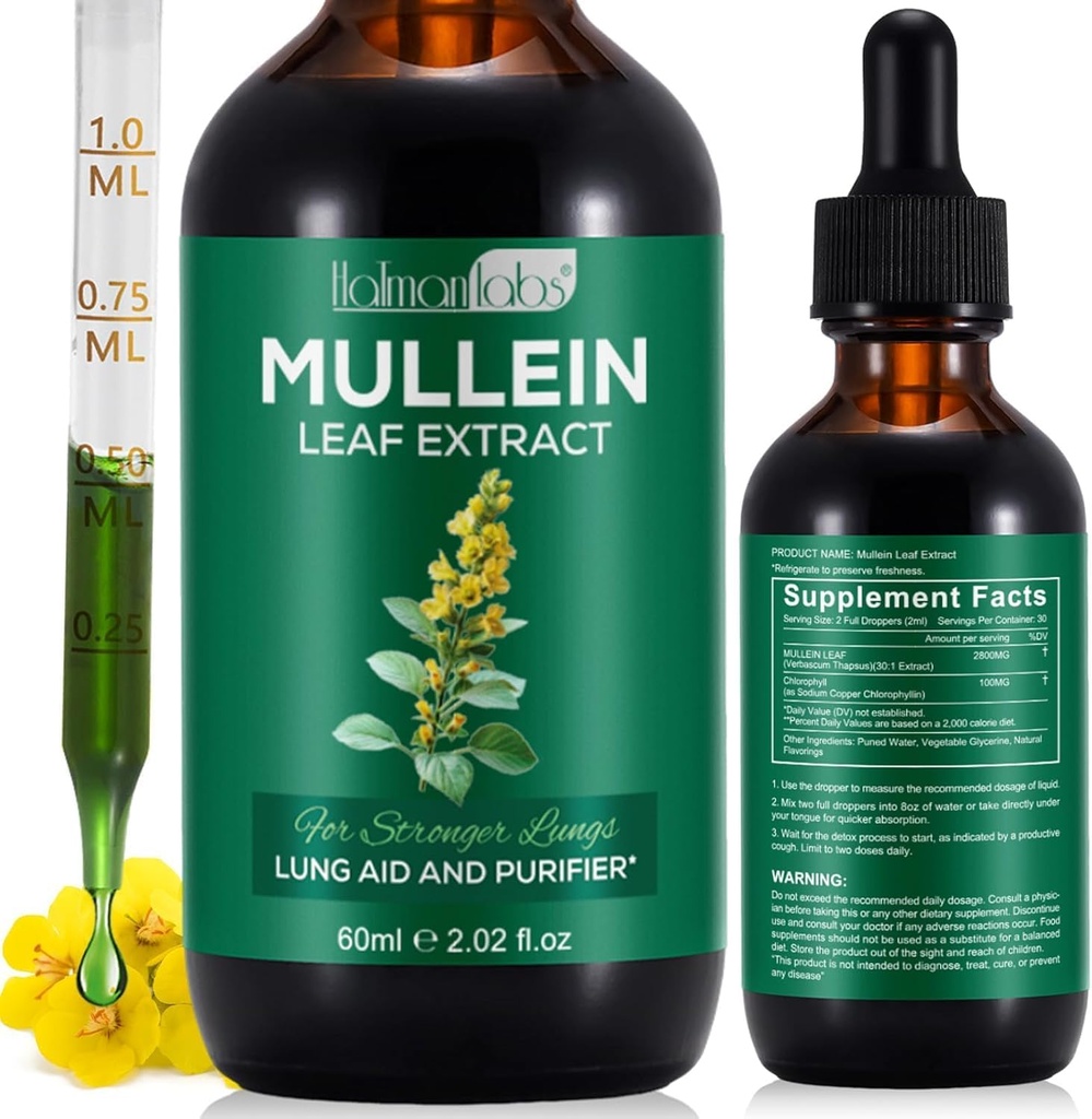 Extracto de hoja de Mullein para los pulmones, gotas de Mullein para los pulmones, soporte pulmonar, función respiratoria para el respiración saludable, mejora de la función pulmonar, suplemento natural y seguro (1 PC)