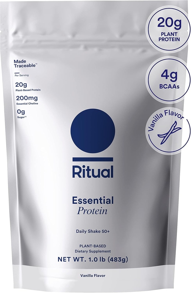 Polvo de proteína vegana Ritual 50+ con BCAA: 20g Proteína de guisantes orgánicos de granjas regenerativas en EE.UU., Vainilla con tracción manual, 3er partido testado, libre de gluten, libre de lácteos, no transgénico, 1 libras