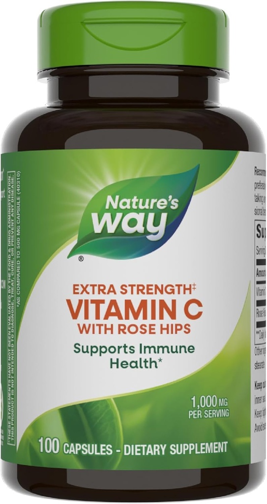 Manera de la naturaleza Extra Strength(1) Vitamina C con Rosa HIPS, apoya la salud inmune*, producción de colágeno*, vitamina C de alta potencia, 100 cápsulas (paquete mayo Vary)