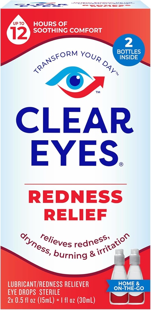 Clear Eyes Redness Relief Eye Drops, Whiten Eyes and Relieve Dryness, Burning and Irritation, 2 x 0.5 Fl Oz, Twin Pack